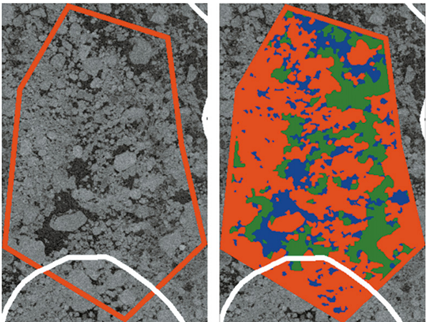 Example of SAR imagery with masking overlays for ice, land, and water